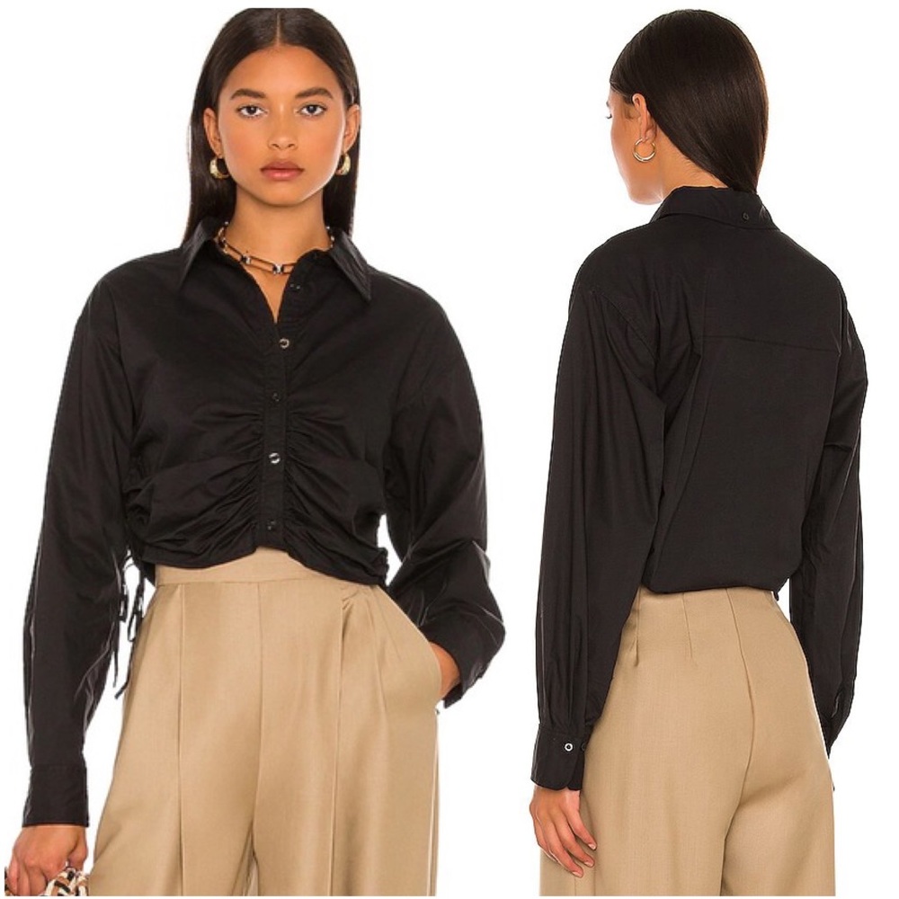 L'Academie The Lena Blouse in Black Flattering Ruched Sides Closet Staple